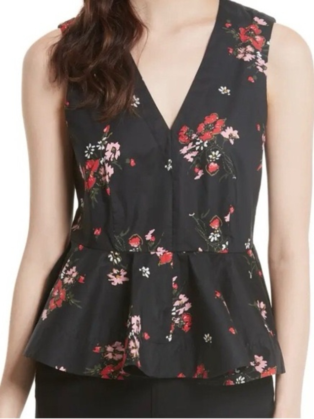 Rebecca Taylor Floral Peplum Top Size 2 Black Cotton Sleeveless V-Neck Designer